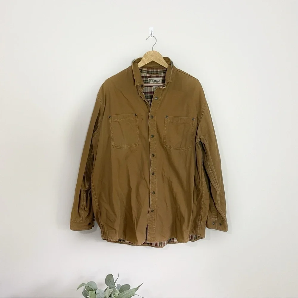 [L.L. Bean] Men's Tan Flannel Interior Workwear Snap Button Barn Jacket